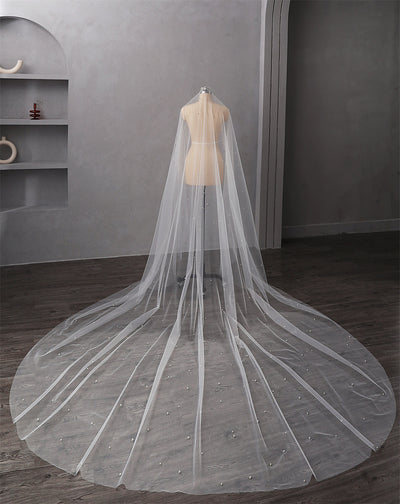 Velo de Novia Catedral con Perlas - Una Capa Largo y Elegante - Image 9