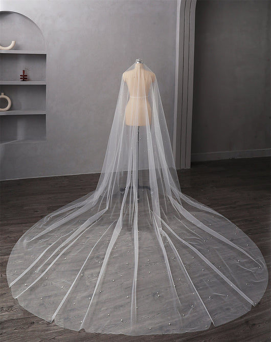 Velo de Novia Catedral con Perlas - Una Capa Largo y Elegante - Image 9