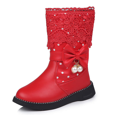 Pink girls' boots with lace trim, polka dots, side zippers, and decorative bows with pearl charms. - Image 8