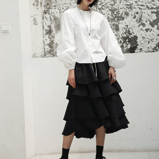 Blusa Blanca con Cuello de Pie y Mangas Globo - Primavera y Otoño - Image 10