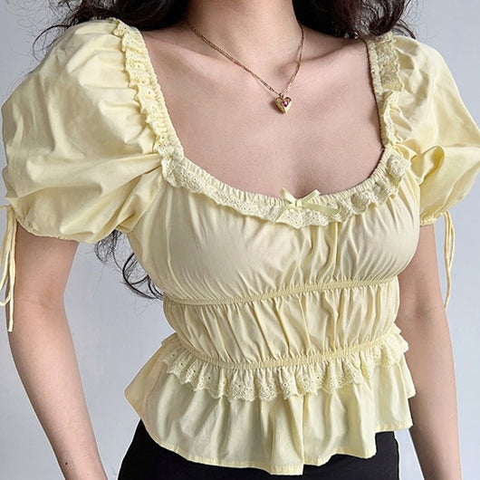 Blusa Retro con Cuello Cuadrado y Mangas Abullonadas de Encaje - Image 10