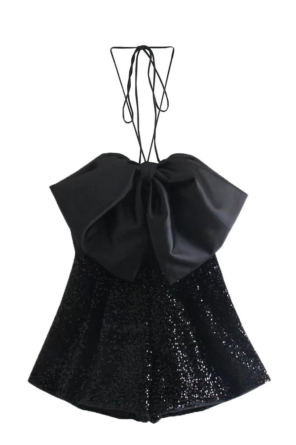Jumpsuit Corto con Lentejuelas y Lazo Elegante