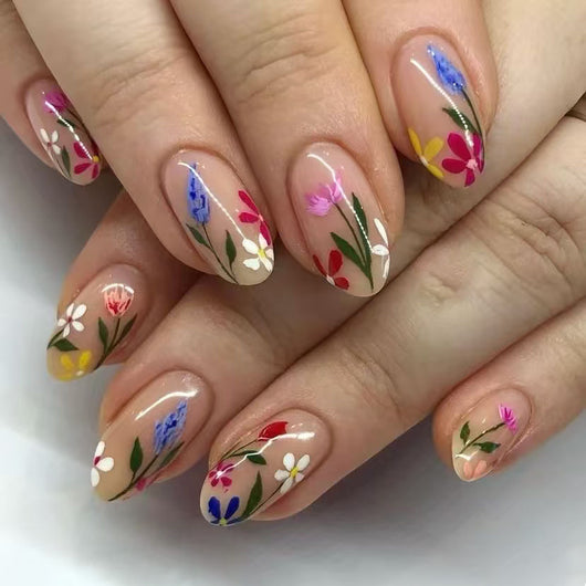 Uñas Postizas Floreadas Removibles Forma Almendra