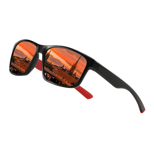 Black and blue polarized sports sunglasses with rectangular frames and blue mirrored lenses reflecting snowy mountains. - Image 8