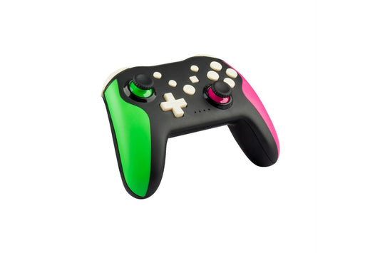 Black, blue, and red wireless gamepad with dual joysticks, D-pad, and action buttons for gaming.