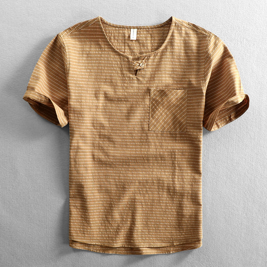 Camiseta Hombre Algodón Rayas Cuello Abierto Manga Corta Suelta Casual - Image 9