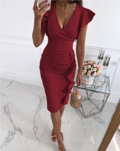 Vestido Ajustado de Cintura Alta con Volantes y Escote en V - Image 8