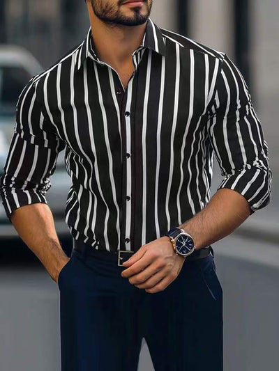 Camisa Casual de Manga Larga con Estampado a Rayas y Elasticidad Cuádruple para Hombre - Image 8