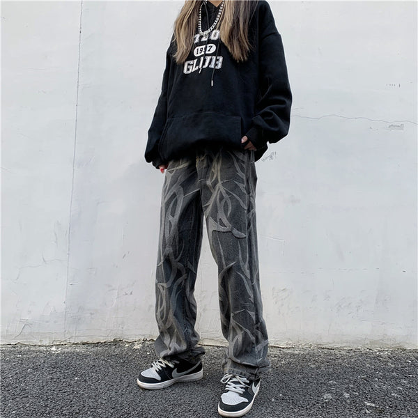 Pantalones Hip Hop Talle Alto Cintura Ancha Pierna Suelta Jeans Estampados