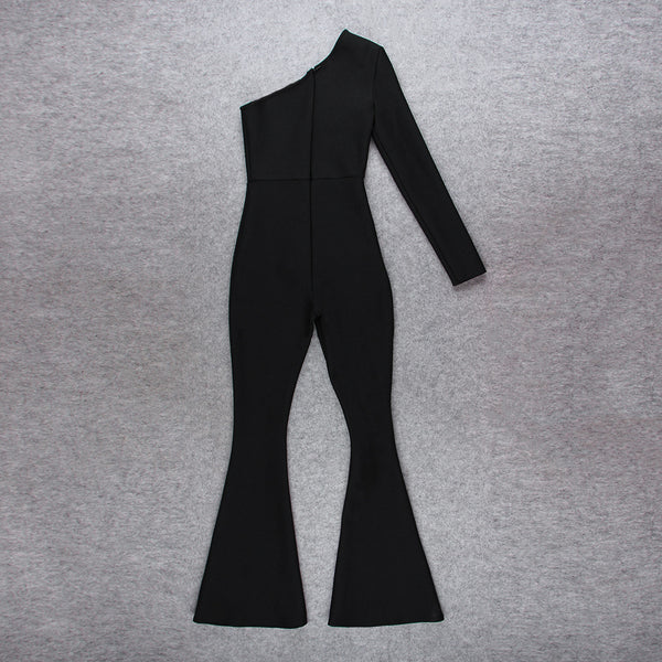 Jumpsuit Asimétrico de Cintura Alta con Pantalón Acampanado de Malla