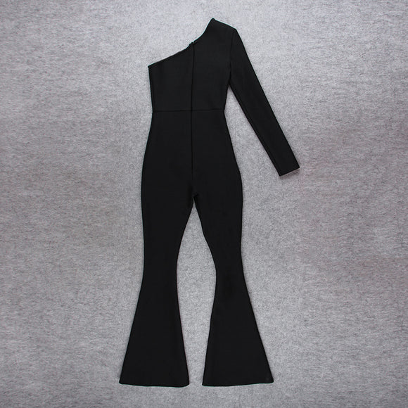 Jumpsuit Asimétrico de Cintura Alta con Pantalón Acampanado de Malla