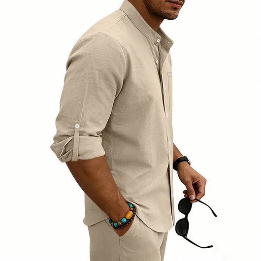 Camisa de Lino Estilo Americano con Cuello Mao y Mangas Medianas para Hombre - Image 29