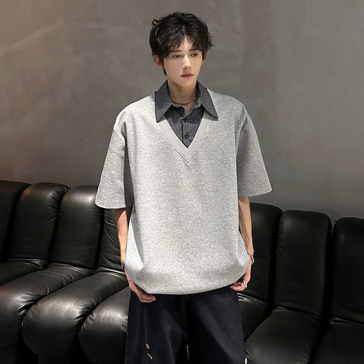 Playera Casual para Hombre con Cuello Falso Doble y Manga Corta - Image 3