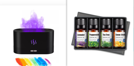Black aroma diffuser with purple flame light effect and mist, featuring control buttons and a flame icon. - Image 10
