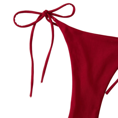 Red solid color two-piece bikini swimsuit with a halter tie-top and adjustable tie-side thong bottom. - Image 5