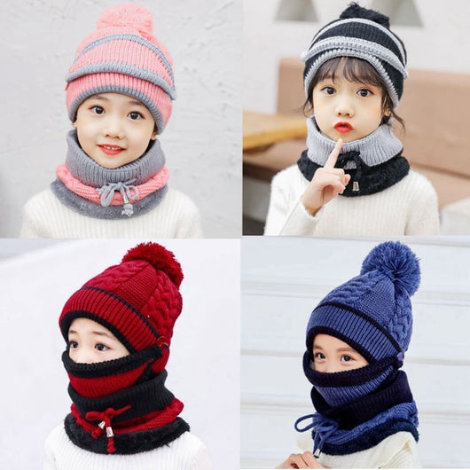 Young child wearing a pink and grey knitted hat with a pom-pom and a matching neck warmer with a drawstring. - Image 4