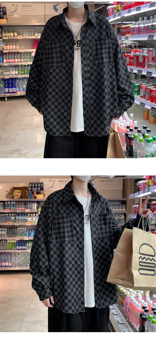 Camisa Suelta Estilo Japonés a Cuadros para Hombre - Manga Larga Primavera - Image 12