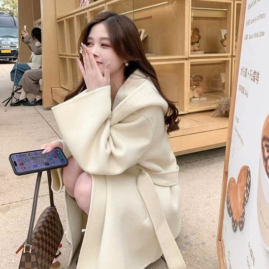 Abrigo Coreano de Cachemira Reversible con Capucha para Mujer