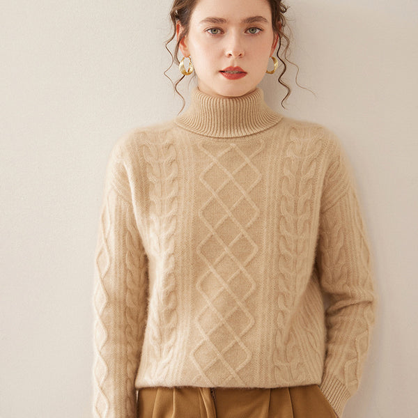 Suéter Cashmere Suelto con Cuello Alto - Tejido Grueso de Tres Capas