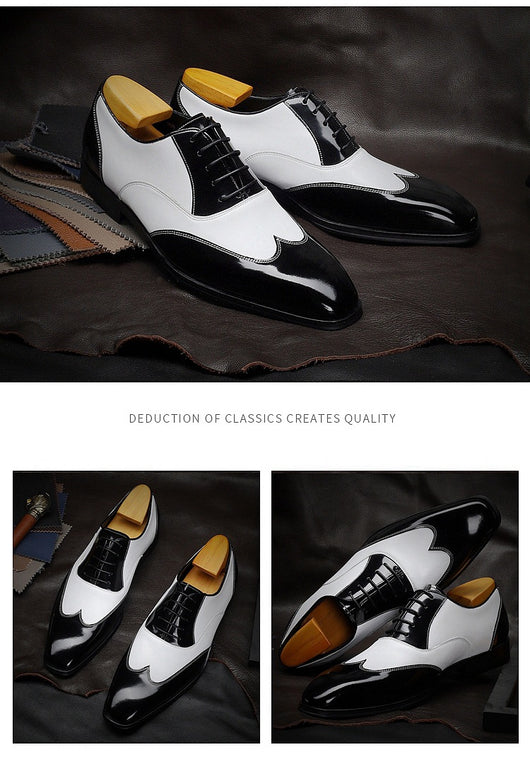 Zapatos de Negocios Retro Punta Afilada Cuero Vacuno Negro y Blanco para Hombre - Image 9
