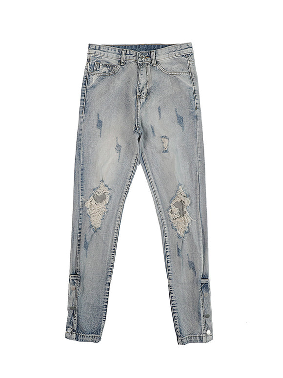 Jeans Rectos con Rotos y Cintura Ajustada