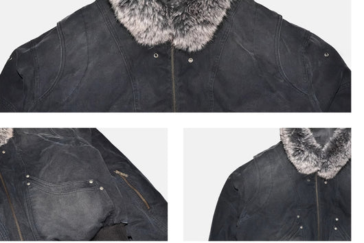 Chaqueta de Lona Lavada con Cuello de Piel y Tallado de Montaña Dividida - Image 4