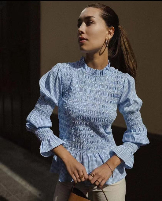 Blusa Ajustada con Pliegues y Estampado Cuadros para Mujer - Image 9