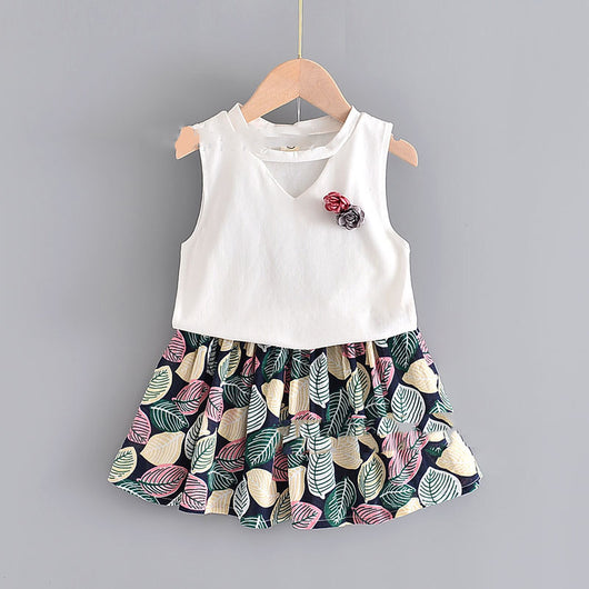 Conjunto Infantil Blusa Floral sin Mangas + Falda Estampado Hojas - Image 11
