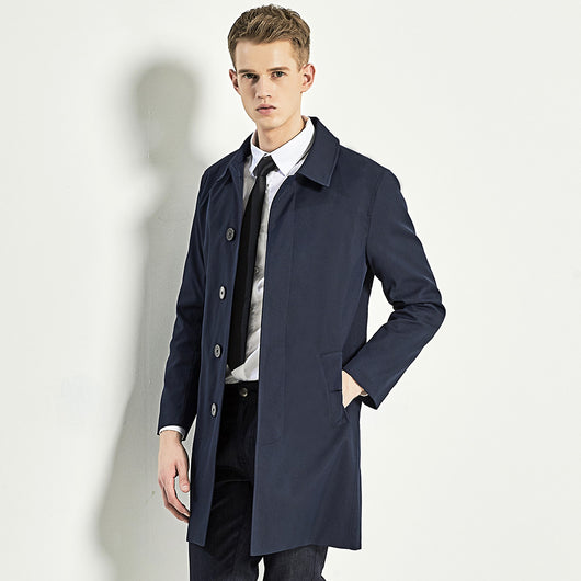Abrigo Trinchera Azul Marino de Botón Sencillo para Hombre - Image 12