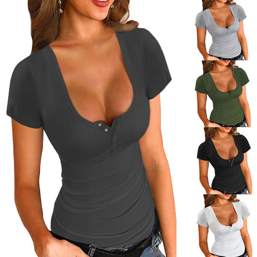 Blusa Ajustada Cuello Redondo Manga Corta Color Sólido