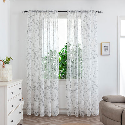 Sheer white mesh curtains with purple and light blue floral patterns, hung on a black rod in a bright room. - Image 21