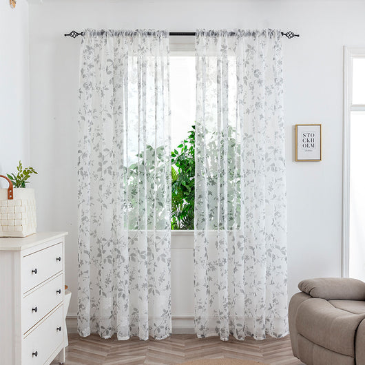 Sheer white mesh curtains with purple and light blue floral patterns, hung on a black rod in a bright room. - Image 21