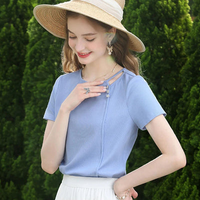 Blusa Ajustada de Punto Azul Manga Corta Efecto Adelgazante - Image 4