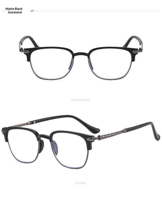 Black and gunmetal large-framed reading glasses with blue-light-blocking lenses for men. - Image 11