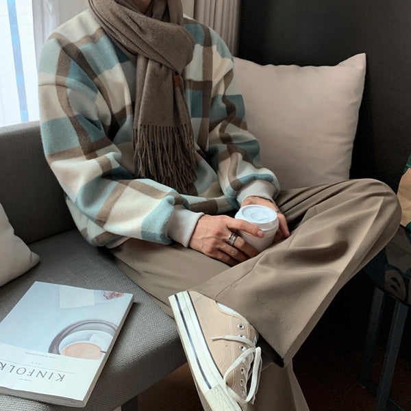 Suéter Cuadros Grueso Hombre Cuello Redondo Abrigo Invierno Oversize