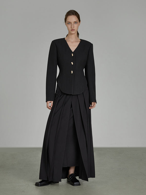 Blazer Cropped Negro con Hombreras Estilizadas