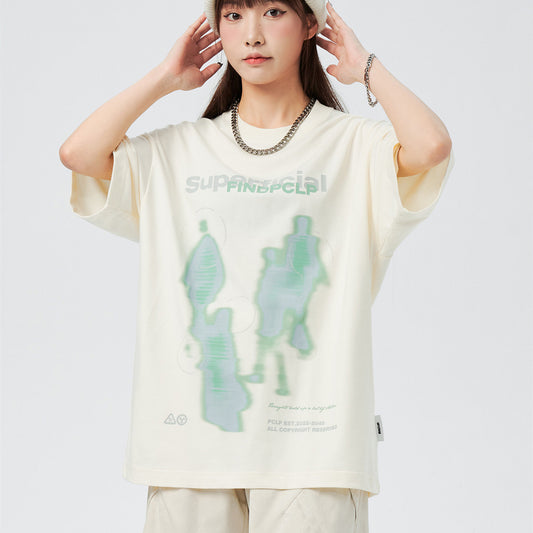 Blusa Suelta Cuello Redondo Manga Corta con Efecto Desenfoque