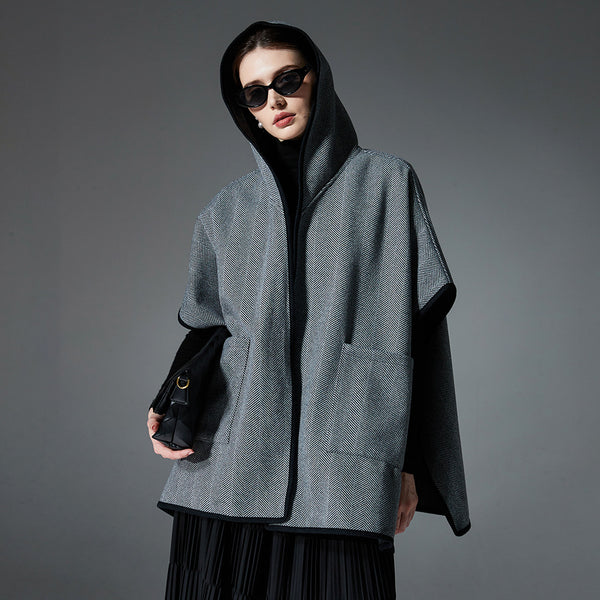 Poncho Capa Gris Reversible de Lana Doble Faz