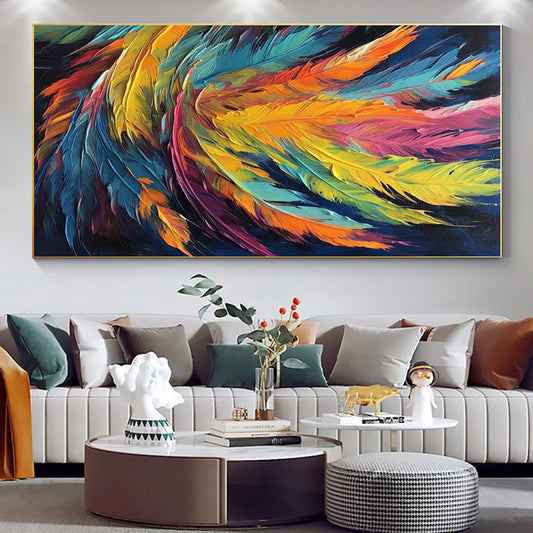 Cuadro Abstracto Hecho a Mano – Pintura al Óleo Sobre Lienzo con Diseño de Pluma Colorida