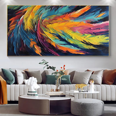 Cuadro Abstracto Hecho a Mano – Pintura al Óleo Sobre Lienzo con Diseño de Pluma Colorida