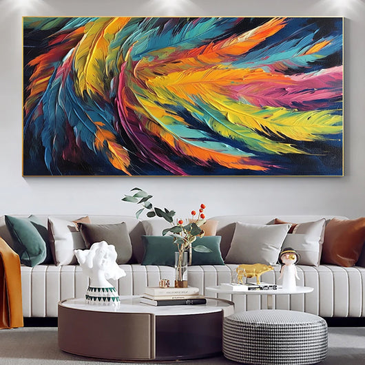 Cuadro Abstracto Hecho a Mano – Pintura al Óleo Sobre Lienzo con Diseño de Pluma Colorida