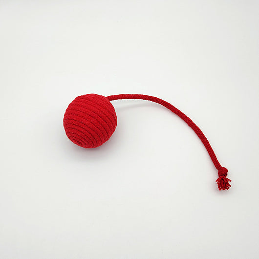 Red and green striped cotton rope ball cat toy with two rope tails, ideal for Christmas interactive play. - Image 7