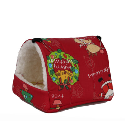 Teal cotton pet nest with a colorful forest pattern, lined with white plush, designed for small birds or parrots. - Image 20