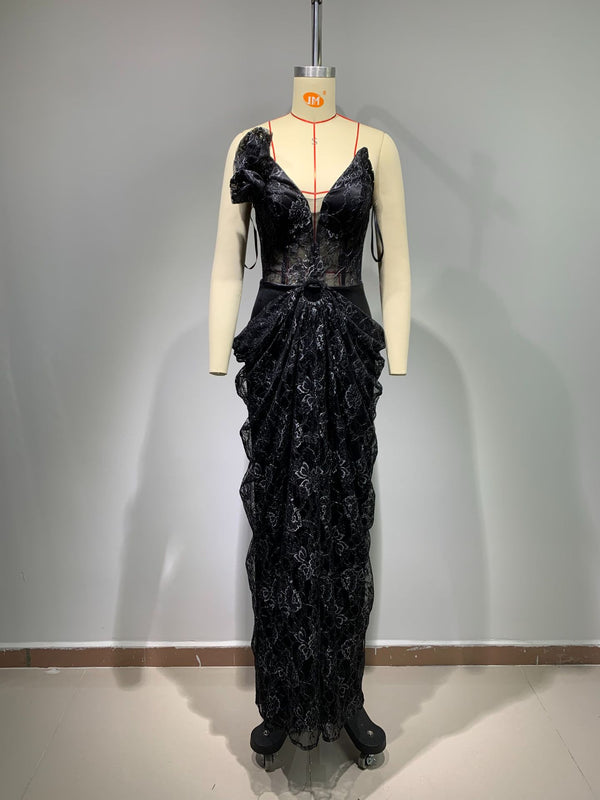 Vestido Negro Elegante sin Mangas con Encaje Floral y Espalda Descubierta Reductor - Image 6