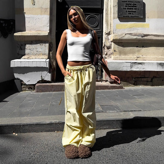 Pantalones Casuales Sueltos con Cordón Ajustable - Poliéster Liso para Mujer