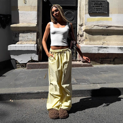 Pantalones Casuales Sueltos con Cordón Ajustable - Poliéster Liso para Mujer