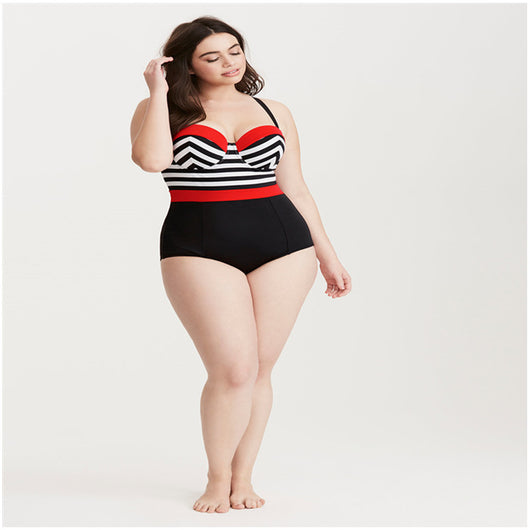 Traje de Baño Enterizo Tallas Grandes con Estampado de Rayas Blanco y Negro - Image 12