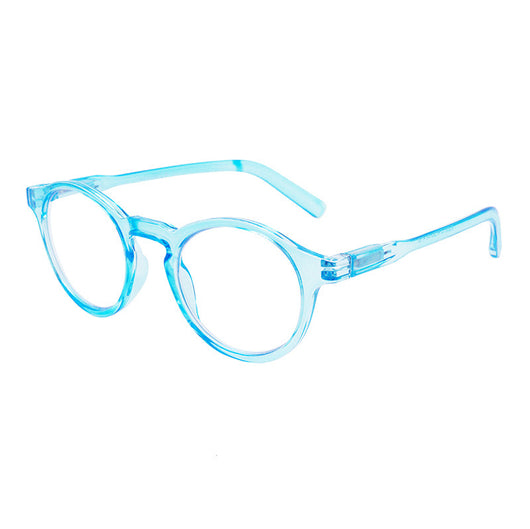 Round full-frame reading glasses with brown and clear striped pattern, featuring anti-blue light lenses. - Image 8