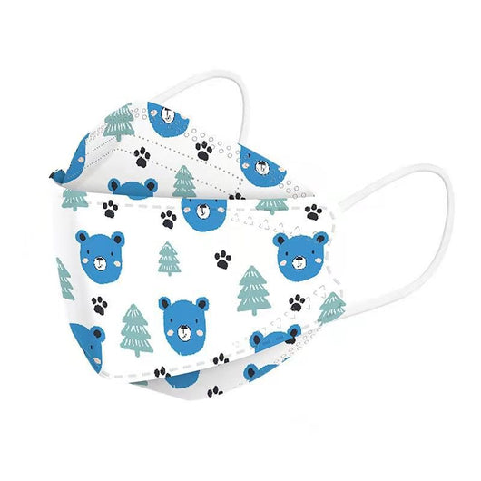 White children's KN95 mask with a cute cartoon pattern of blue bunnies, pink bears, trees, and flowers. - Image 5
