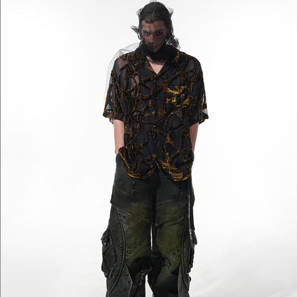 Camisa Manga Corta Translúcida con Patrón de Serpiente para Hombre